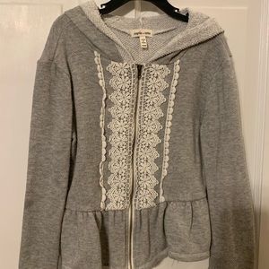 Girls grey peplum hoodie with lace trim